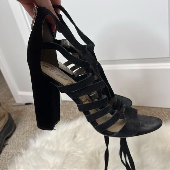 Sam Edelman Yarina Black Lace Up Suede Open Toe Heeled Sandals Size 8.5 - Picture 3 of 5